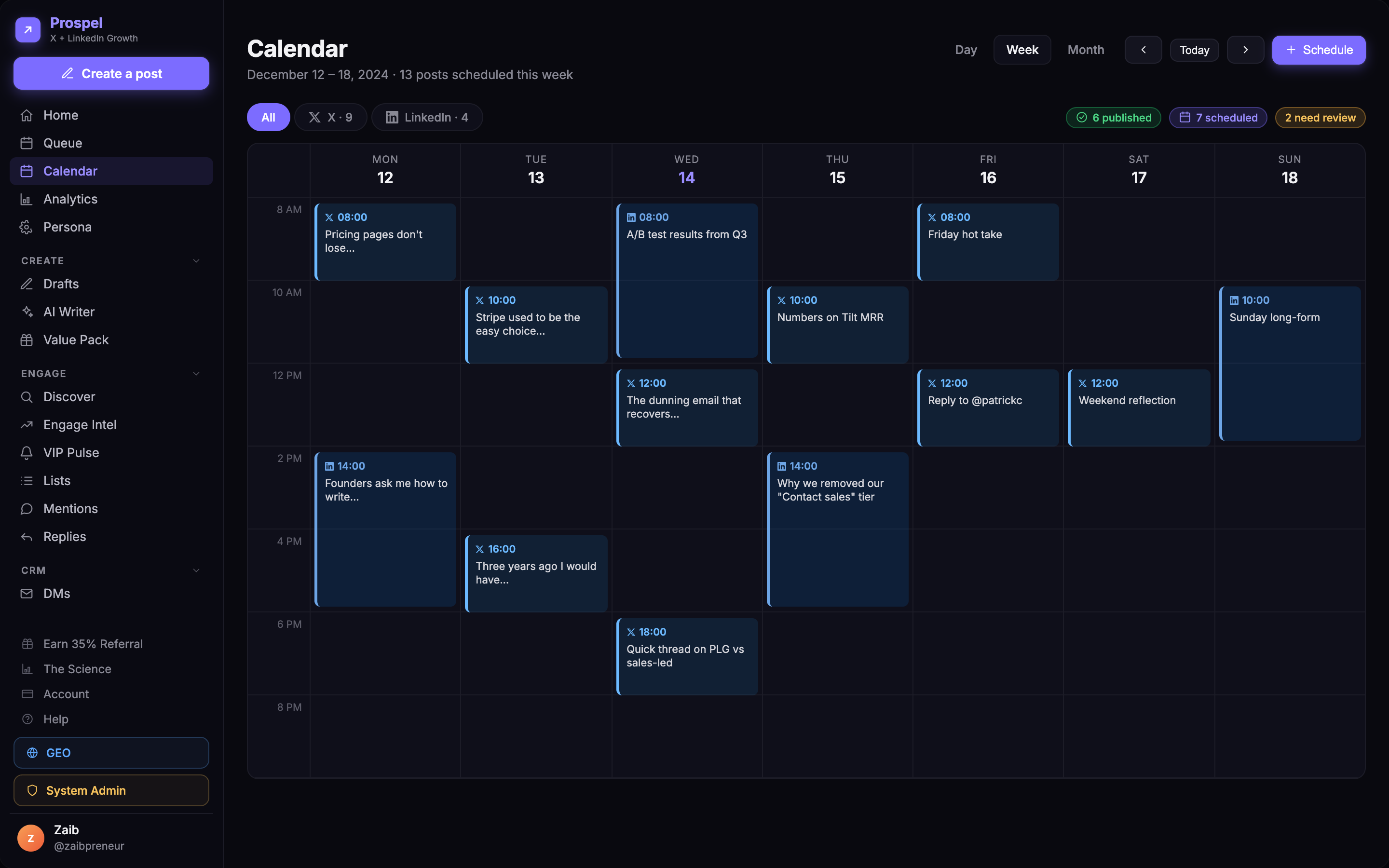 Prospel publishing calendar with a week of scheduled posts