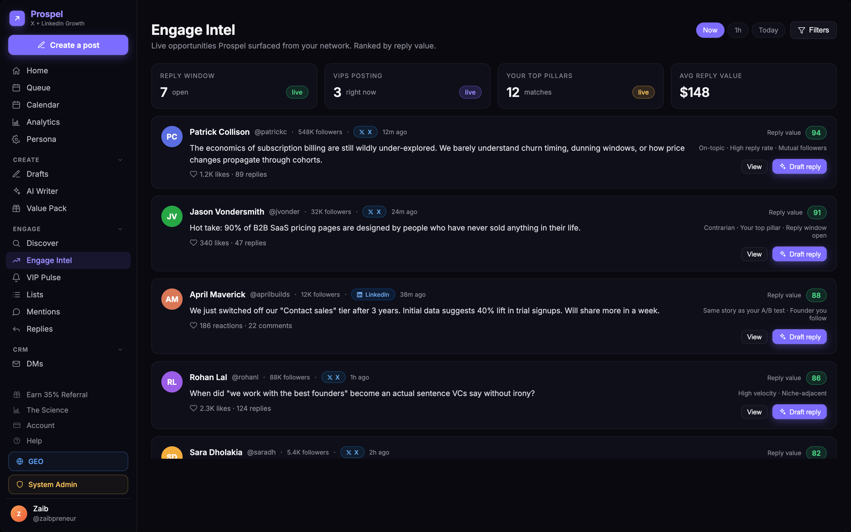 Prospel Engage Intel feed of posts ranked by reply opportunity