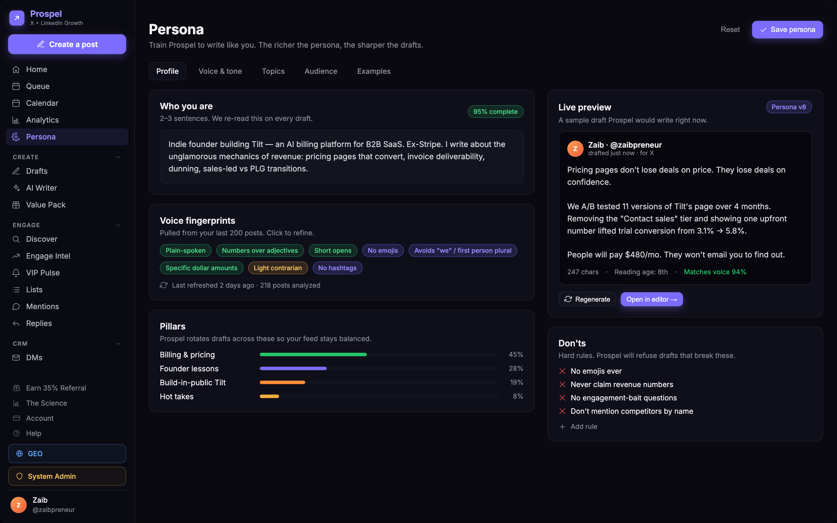 Prospel persona settings showing a voice profile and style rules