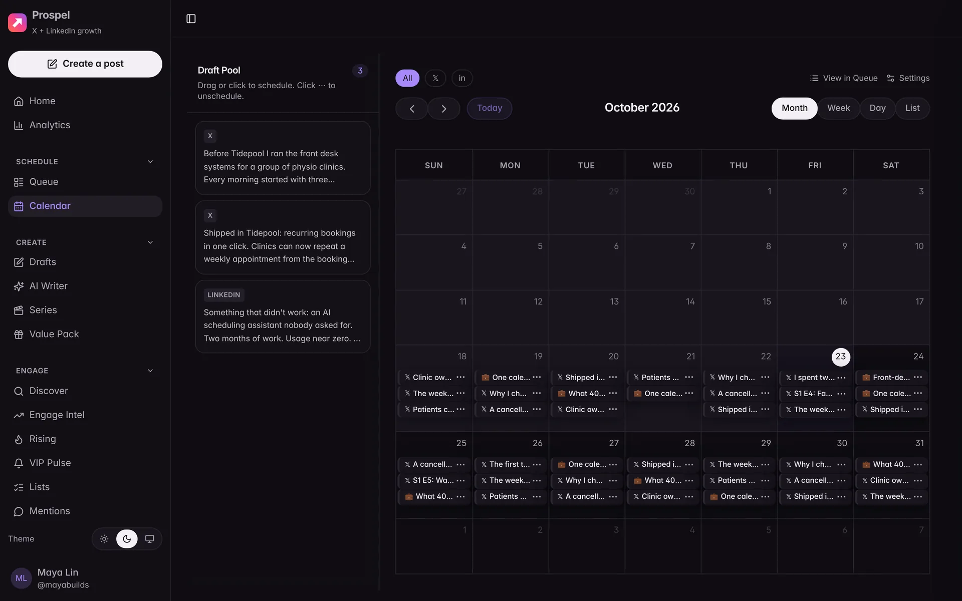Prospel's publishing calendar with a month of scheduled X and LinkedIn posts