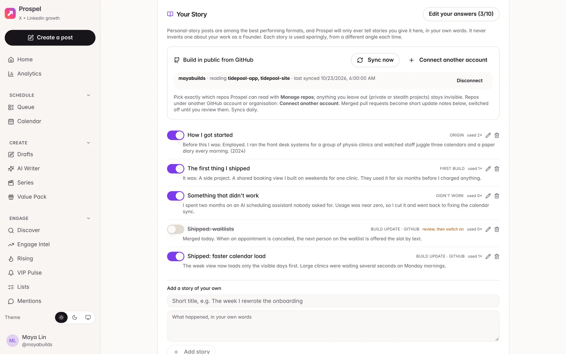 Prospel's Your Story page: true stories from an interview and from GitHub, each switched on or off